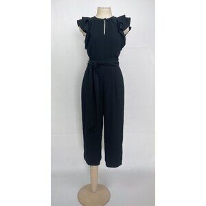 Womens Black Jumpsuit Size 0 J.Crew Petite Tie Waist Ruffled Sleeves Cropped Leg